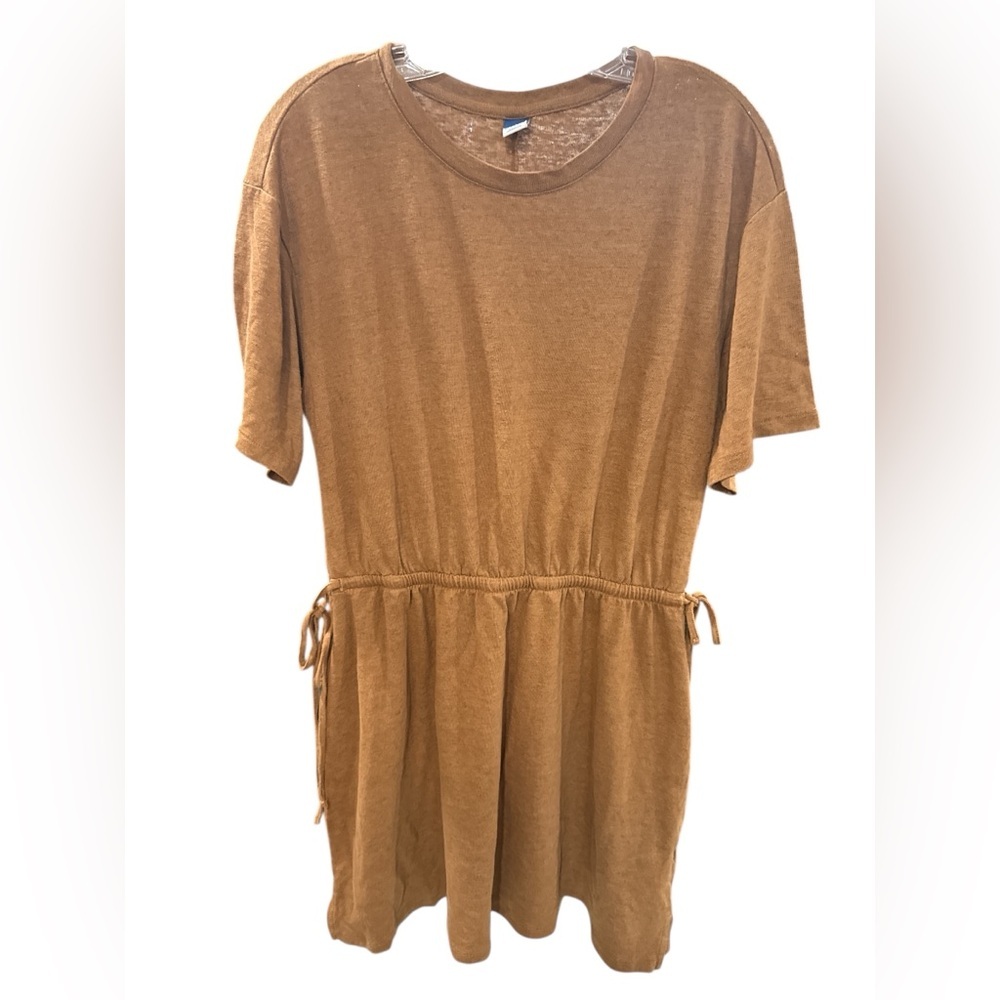 Old Navy Brown Linen Blend Short Sleeve Dress w/ Drawstring Waist | Large